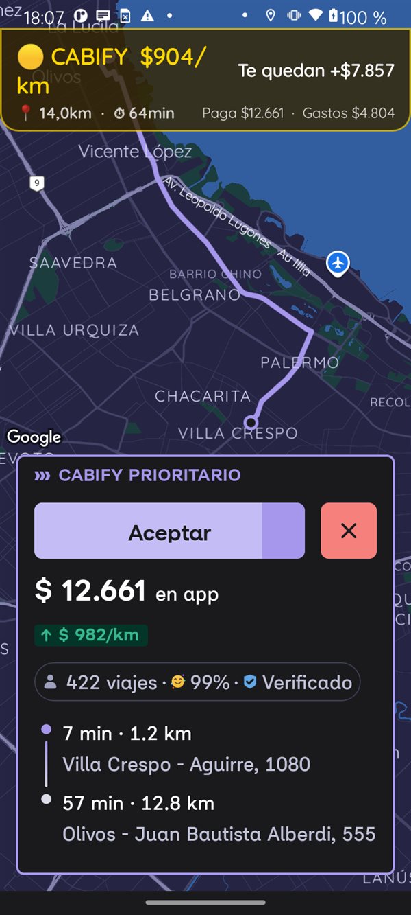 Neto mostrando que un viaje rinde poco, con el desglose de ganancia neta sobre la app de Cabify